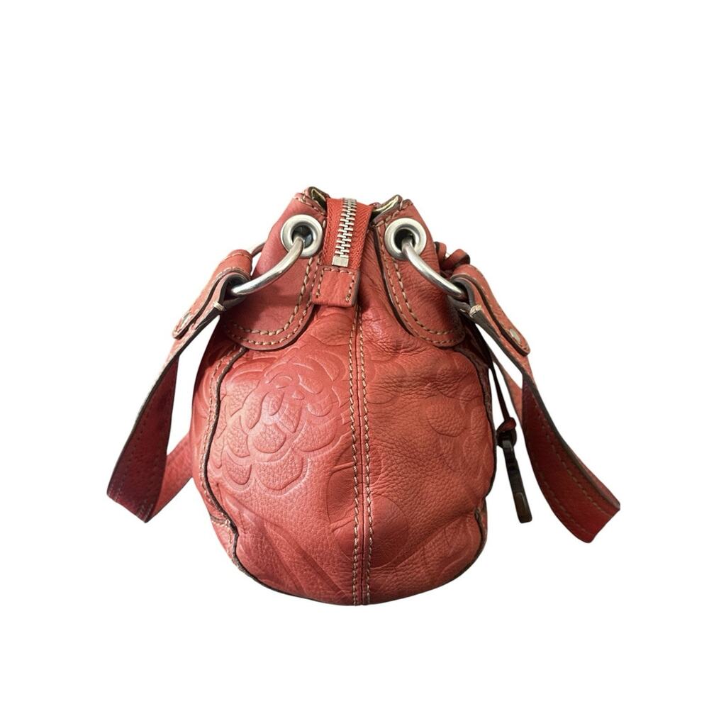 Fossil Shoulder Bag Coral Embossed Floral Double Handle Tortoise Key Charm EUC - Picture 5 of 16